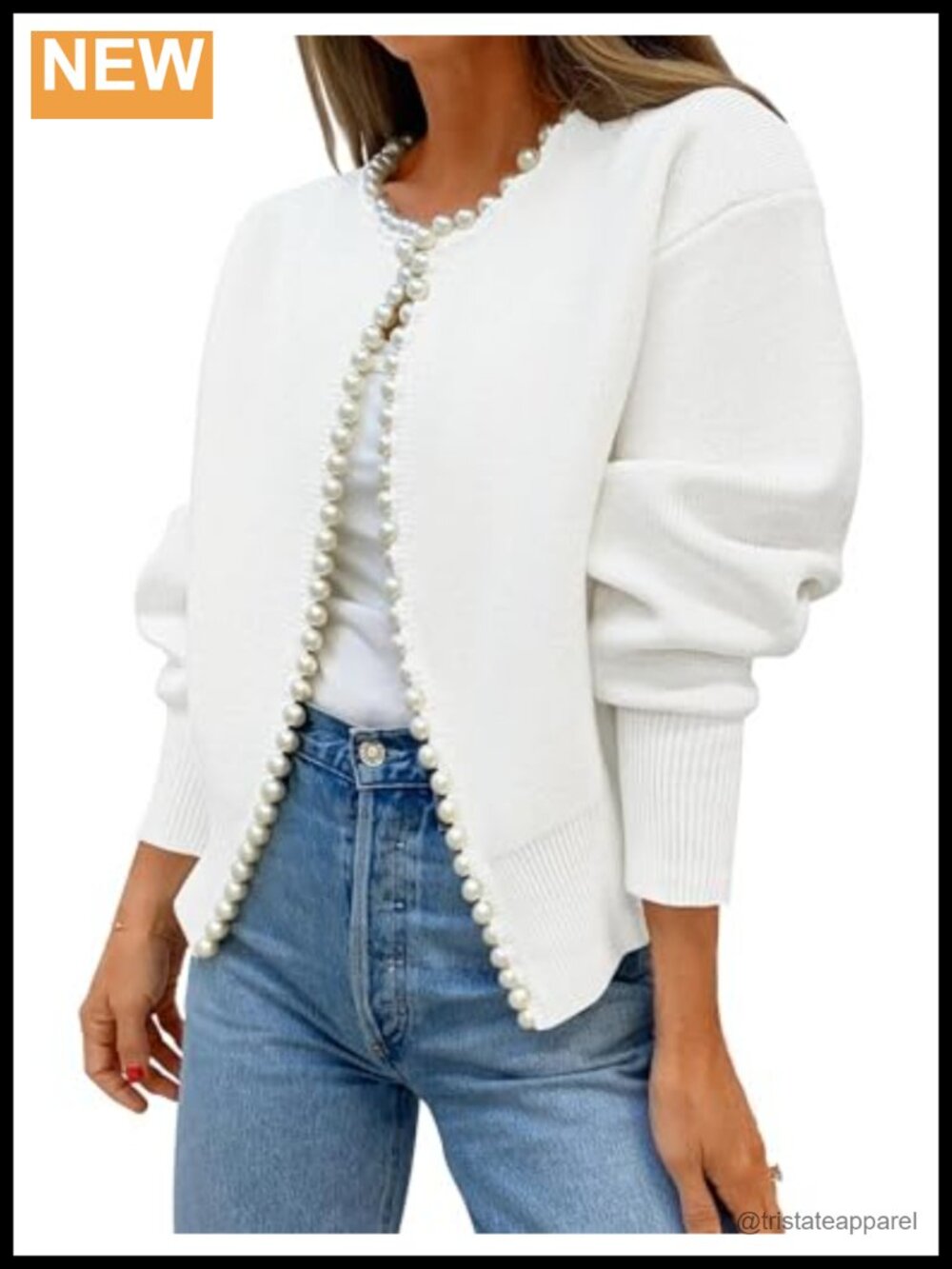 Pearls Trim Open Front Cardigan Sweater Knit Long Sleeve